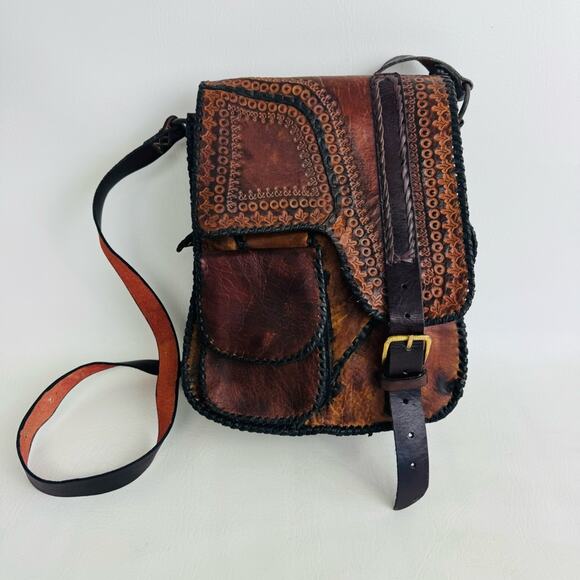 Mark Tigon Handbags - Mark Tigon Western Crossbody Bag Tooled Leather Brown Equestrian Purse Distress